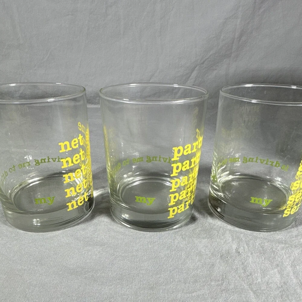 MCM Clear Glass 8oz Rocks Tumblers Text Print Partner Service Net Game Set of 3
